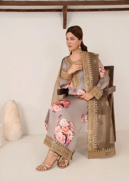 Embroidered Charmeuse Silk Suit - Organza Dupatta - Roses on Grey
