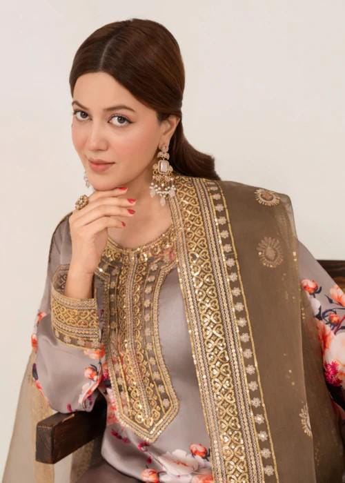 Embroidered Charmeuse Silk Suit - Organza Dupatta - Roses on Grey