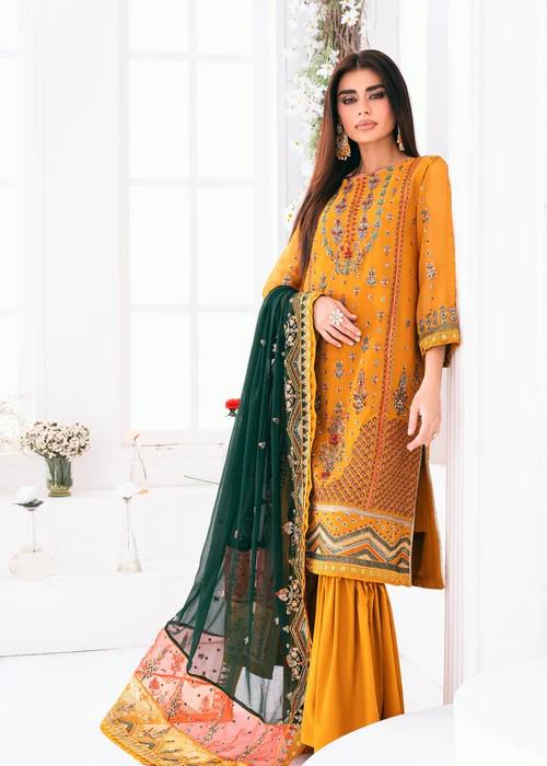 Embroidered Mustard Chiffon Suit - Silk Gharara - 3 Piece
