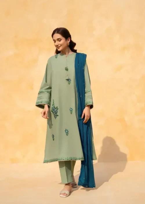 Embroidered Cotton Suit with Chiffon Dupatta - Moss Green