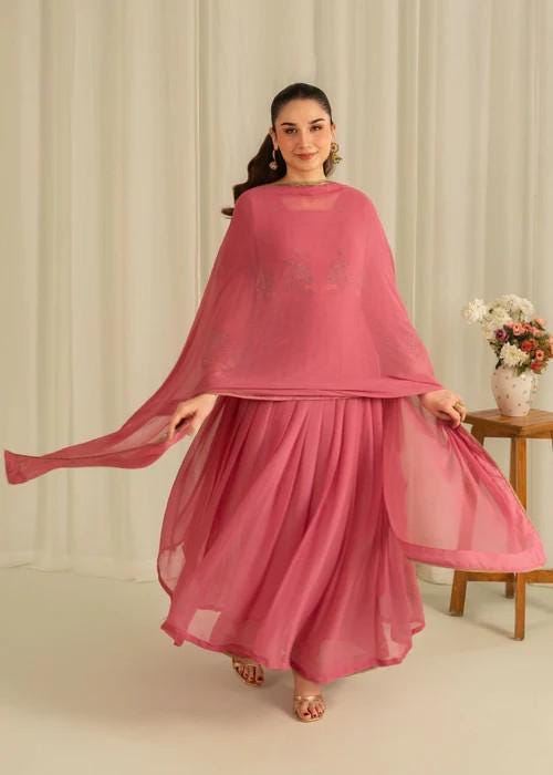 3 Piece Embroidered Chiffon Anarkali Maxi Dress - Pink