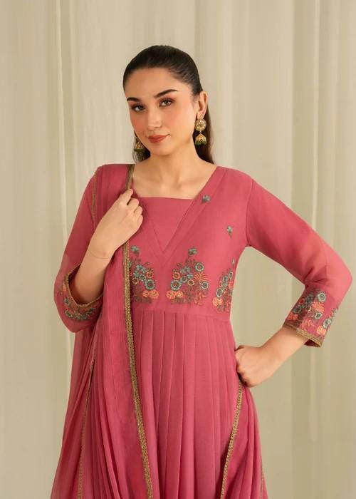 3 Piece Embroidered Chiffon Anarkali Maxi Dress - Pink