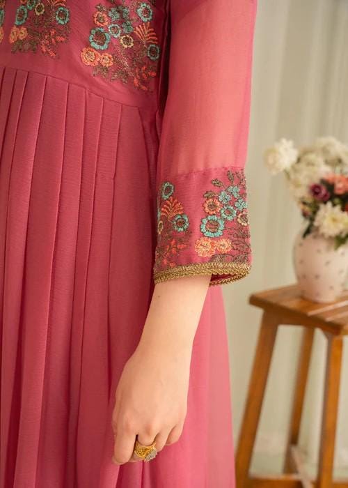 3 Piece Embroidered Chiffon Anarkali Maxi Dress - Pink