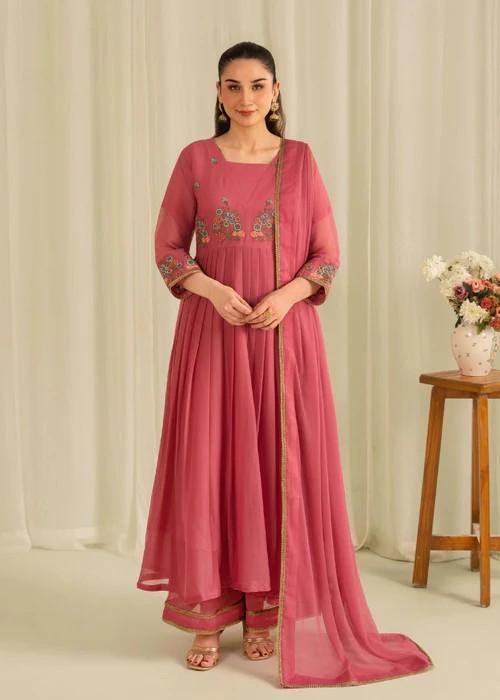 3 Piece Embroidered Chiffon Anarkali Maxi Dress - Pink
