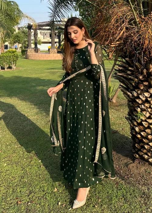 Embroidered Chiffon Anarkali Maxi Dress - Bottle Green - 3- Piece