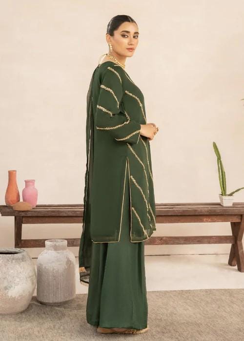 3 Piece Hand Embroidered Chiffon Dress – Bottle Green Adda Work Ensemble