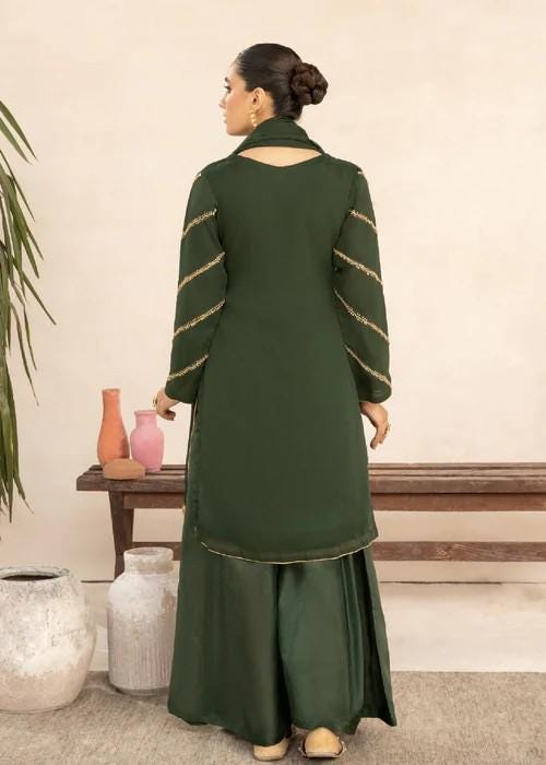 3 Piece Hand Embroidered Chiffon Dress – Bottle Green Adda Work Ensemble