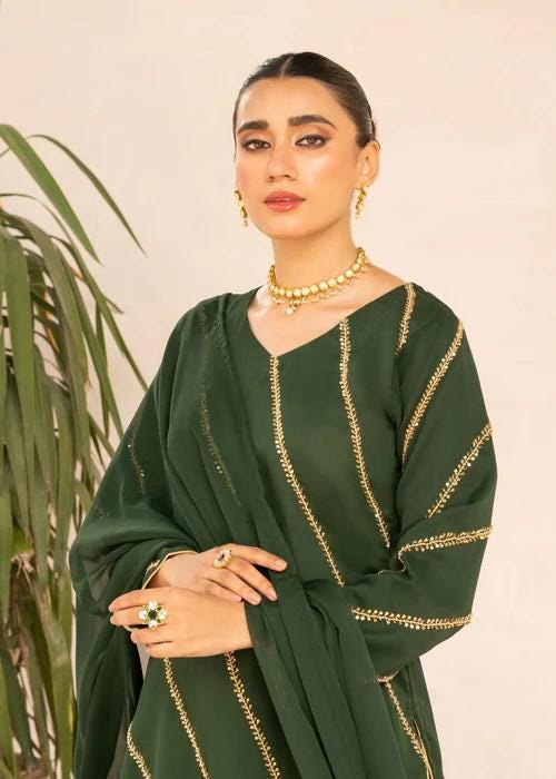 3 Piece Hand Embroidered Chiffon Dress – Bottle Green Adda Work Ensemble