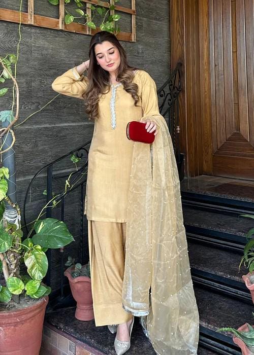 Stone Work Embroidered Thai Silk Farshi Shalwar Suit - Gold Color