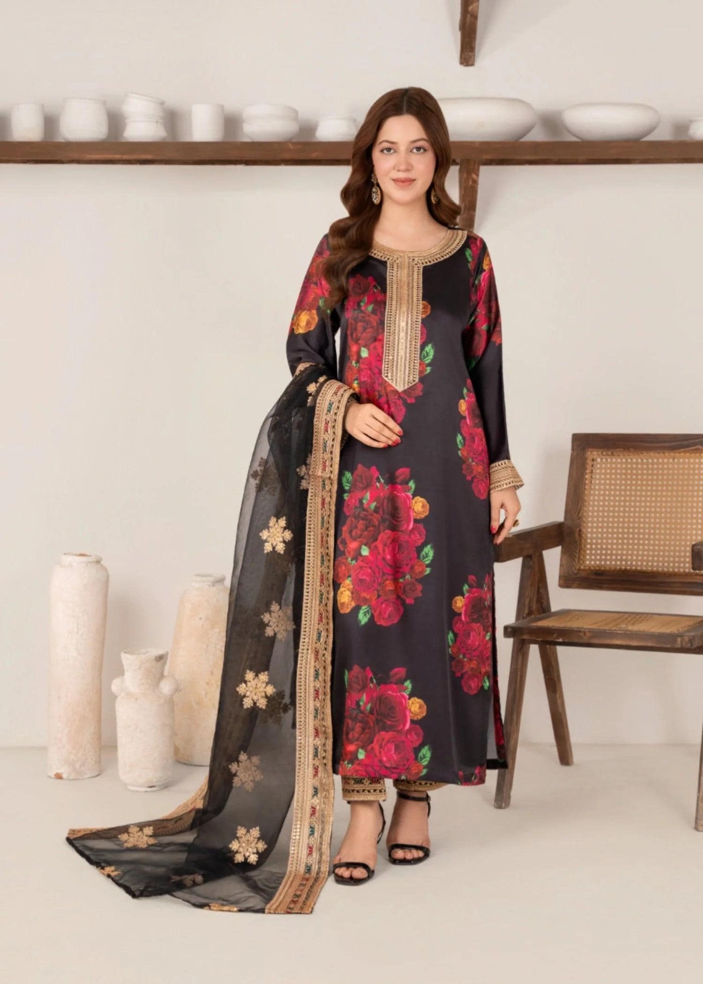 Embroidered Charmeuse Silk Suit - Organza Dupatta - Black and Red