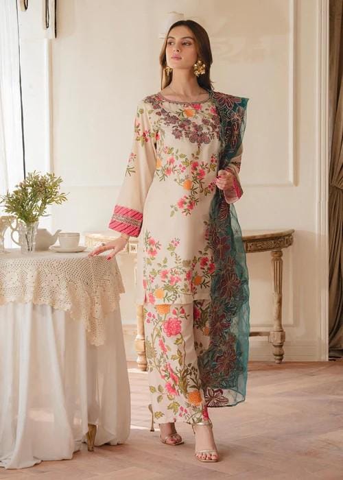 3 piece - Embroidered Lawn Suit - Organza Dupatta
