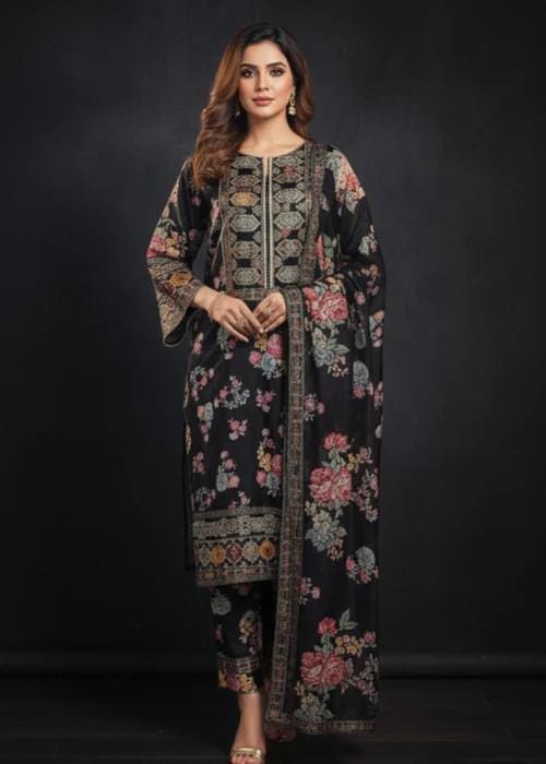 3 Piece Embroidered Charmeuse Silk Suit - Chiffon Dupatta - Black