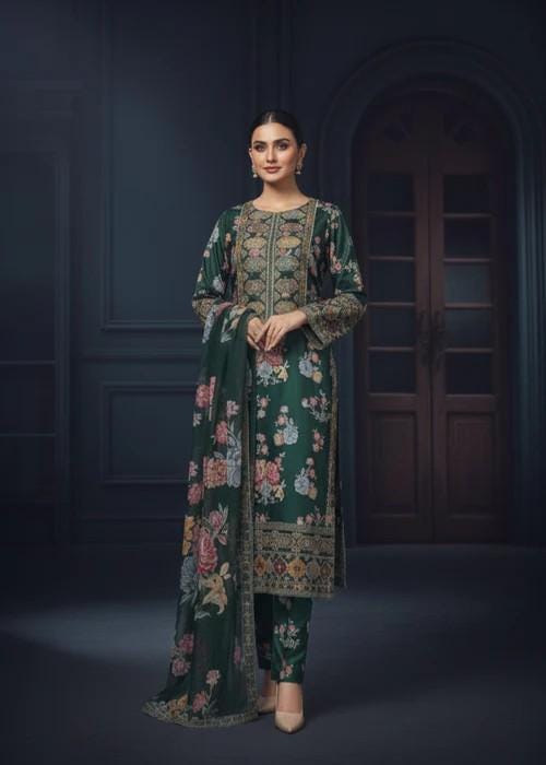 3 Piece Embroidered Charmeuse Silk Suit - Chiffon Dupatta - Green