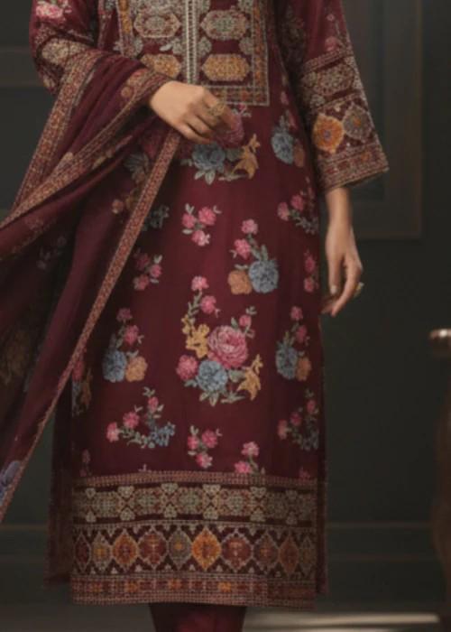 3 Piece Embroidered Charmeuse Silk Suit - Chiffon Dupatta - Maroon