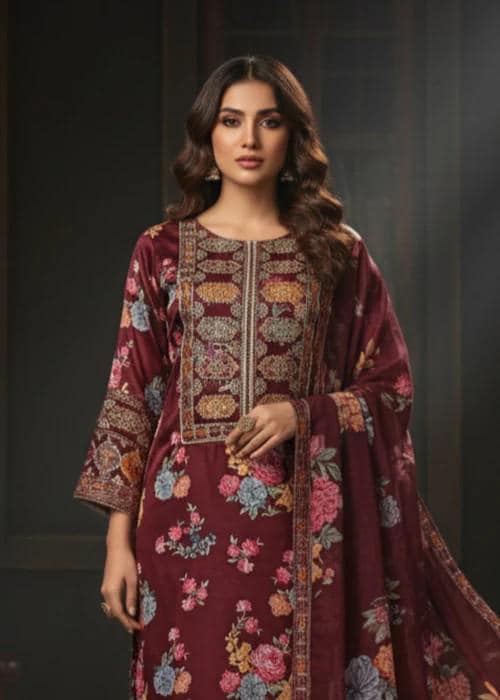 3 Piece Embroidered Charmeuse Silk Suit - Chiffon Dupatta - Maroon