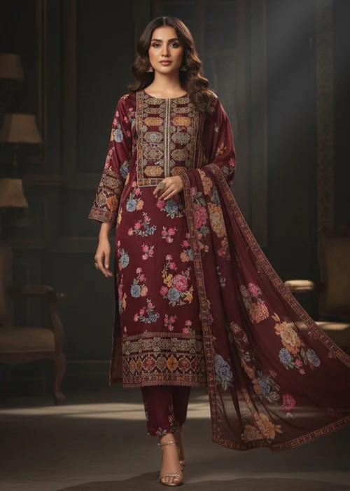 3 Piece Embroidered Charmeuse Silk Suit - Chiffon Dupatta - Maroon