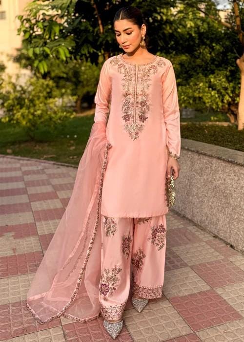 3 Piece Embroidered Farshi Shalwar Silk Suit - Chiffon Dupatta