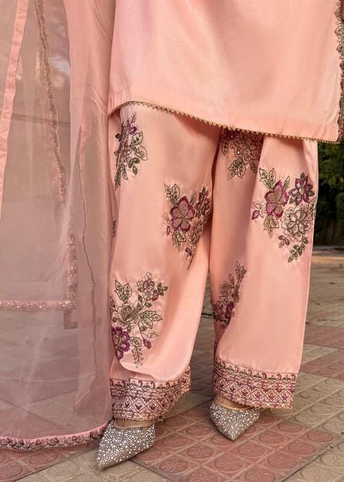 3 Piece Embroidered Farshi Shalwar Silk Suit - Chiffon Dupatta