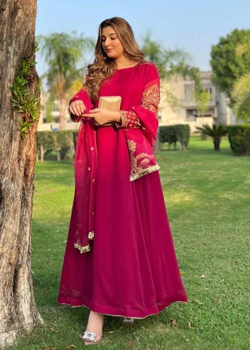 Embroidered Chiffon Suit - Hot Pink Maxi/Anarkali - Organza Dupatta