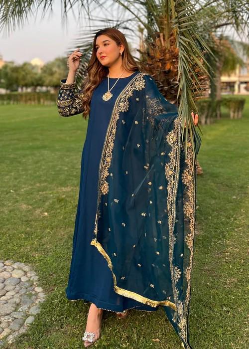 Embroidered Chiffon Suit - Blue Maxi/Anarkali - Organza Dupatta