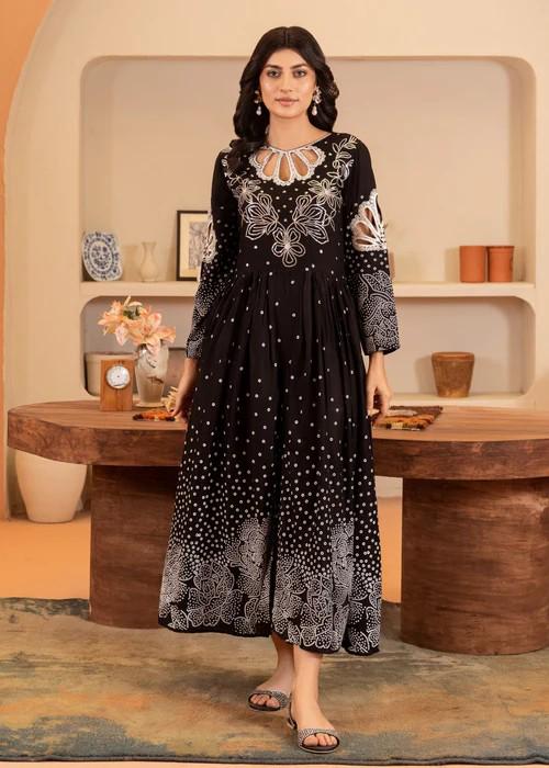 Cotton Frock/ Pishwas with Sequins Embroidery - Black