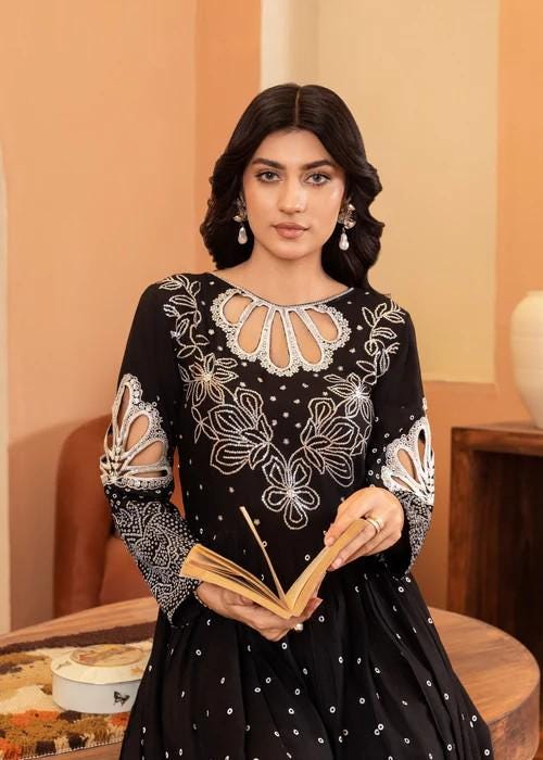 Cotton Frock/ Pishwas with Sequins Embroidery - Black