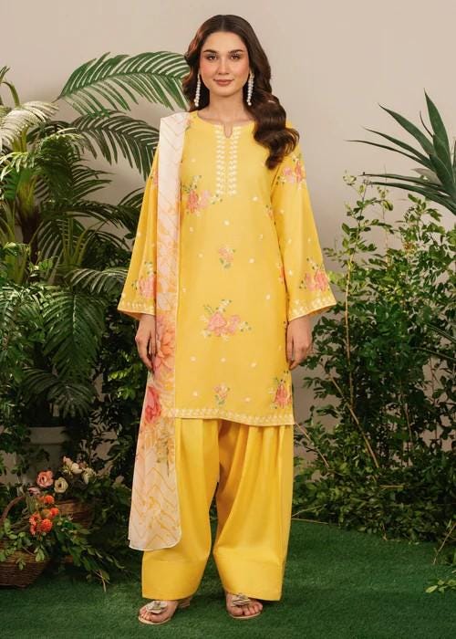 Embroidered Linen Farshi Shalwar Suit - Silk Dupatta - Yellow Sunflower