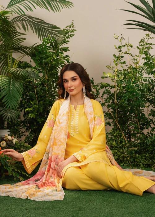 Embroidered Linen Farshi Shalwar Suit - Silk Dupatta - Yellow Sunflower