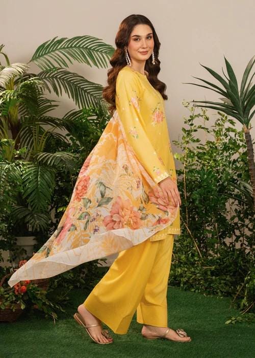 Embroidered Linen Farshi Shalwar Suit - Silk Dupatta - Yellow Sunflower