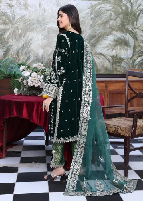 XXL - Embroidered Velvet Suit - Organza Dupatta & Jamawar (Brocade) Pants - Bottle Green