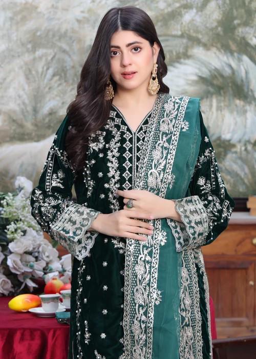 XXL - Embroidered Velvet Suit - Organza Dupatta & Jamawar (Brocade) Pants - Bottle Green