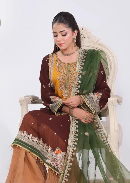 XXL - Embroidered Chiffon Gharara Suit - Chocolate Brown