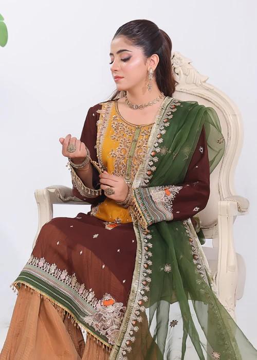 XXL - Embroidered Chiffon Gharara Suit - Chocolate Brown