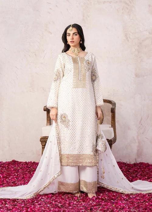 4 Piece Golden Embroidered Palazzo Chiffon Suit - White - With Potli bag