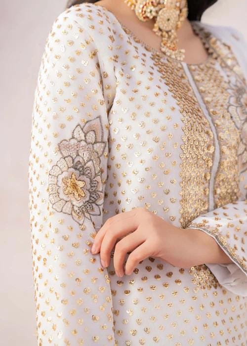 4 Piece Golden Embroidered Palazzo Chiffon Suit - White - With Potli bag