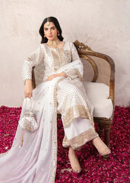 4 Piece Golden Embroidered Palazzo Chiffon Suit - White - With Potli bag