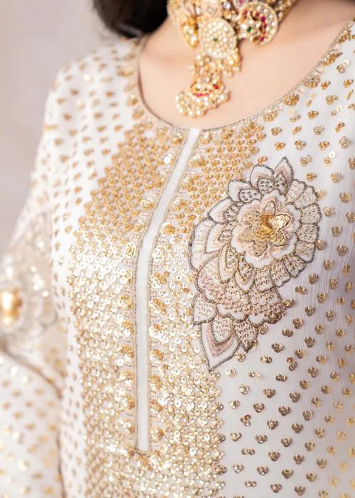 4 Piece Golden Embroidered Palazzo Chiffon Suit - White - With Potli bag