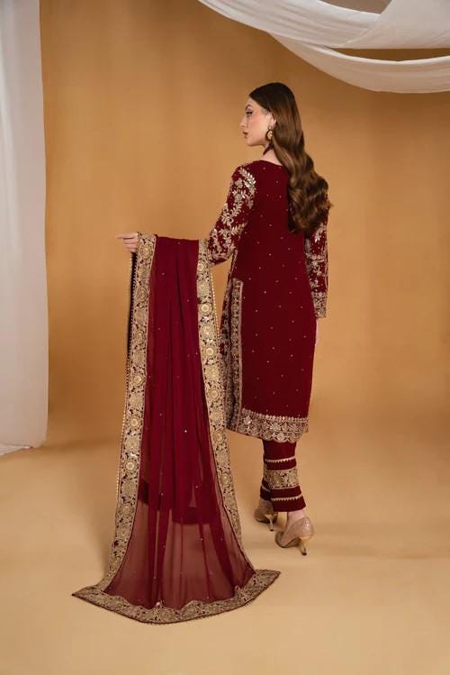 3 Piece Golden Embroidered Palazzo Chiffon Suit - Maroon