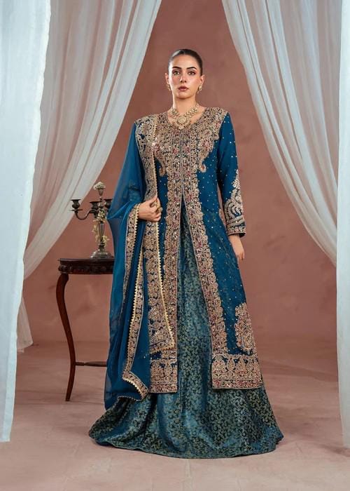 4 Piece Embroidered Chiffon Flared Jamawar Lehenga Suit - With Potli Bag