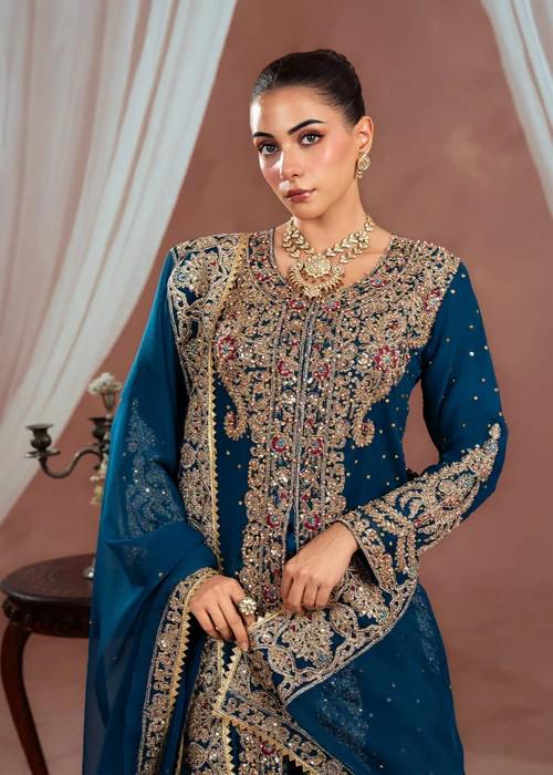 4 Piece Embroidered Chiffon Flared Jamawar Lehenga Suit - With Potli Bag