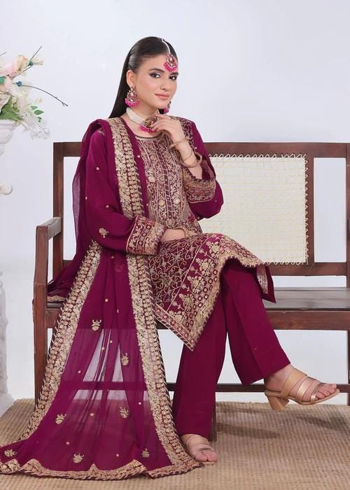 XXL - Heavily Embroidered Chiffon Suit - Magenta Haze