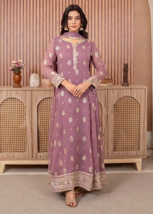 XXL - 3 Piece Embroidered Chiffon Pishwas Suit - Lilac