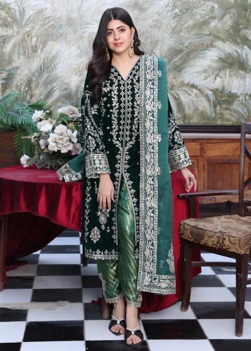 XXL - Embroidered Velvet Suit - Organza Dupatta & Jamawar (Brocade) Pants - Bottle Green
