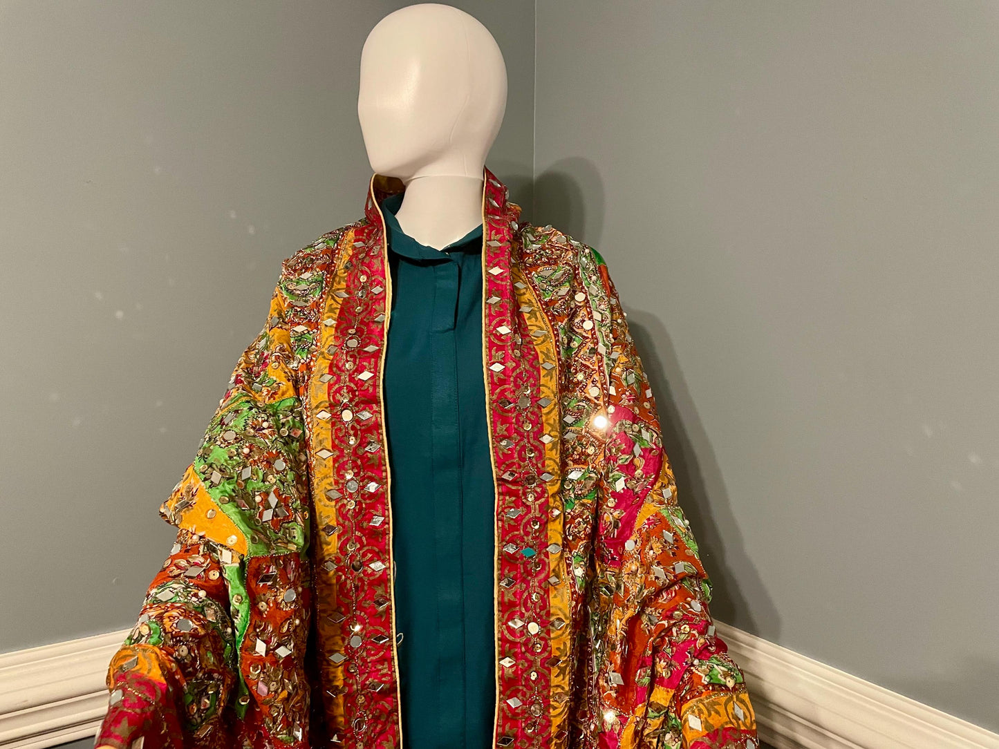 DPM3 - Handmade Block Print Silk Dupatta With Mirror and Pearl Work