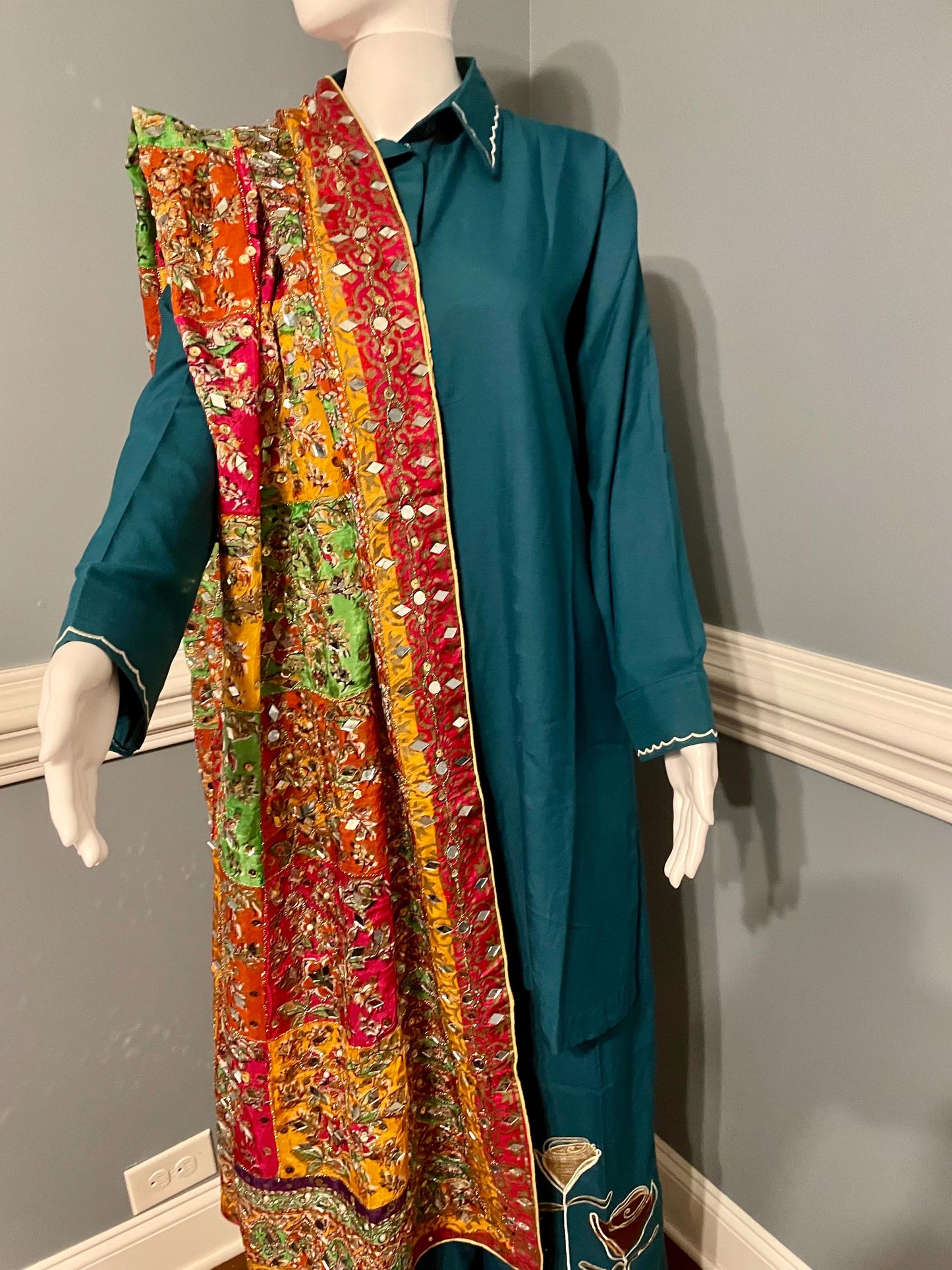 DPM3 - Handmade Block Print Silk Dupatta With Mirror and Pearl Work