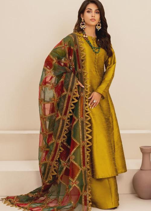 Marigold Raw Silk Palazzo Suit with Embroidered Organza Dupatta - Wedding / Party Wear