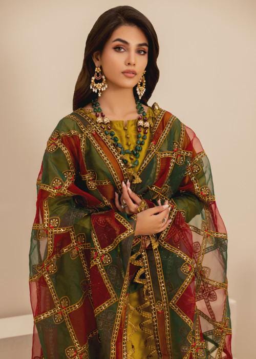 Marigold Raw Silk Palazzo Suit with Embroidered Organza Dupatta - Wedding / Party Wear