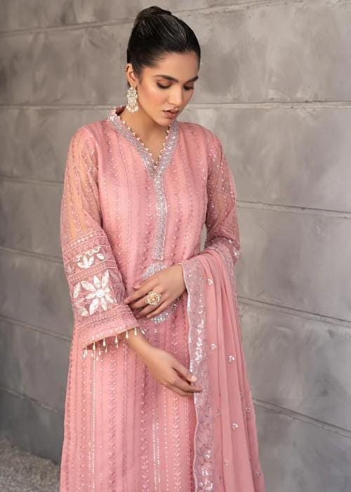 3 piece - Embroidered Organza Suit with Chiffon Dupatta - Sequins Embroidery