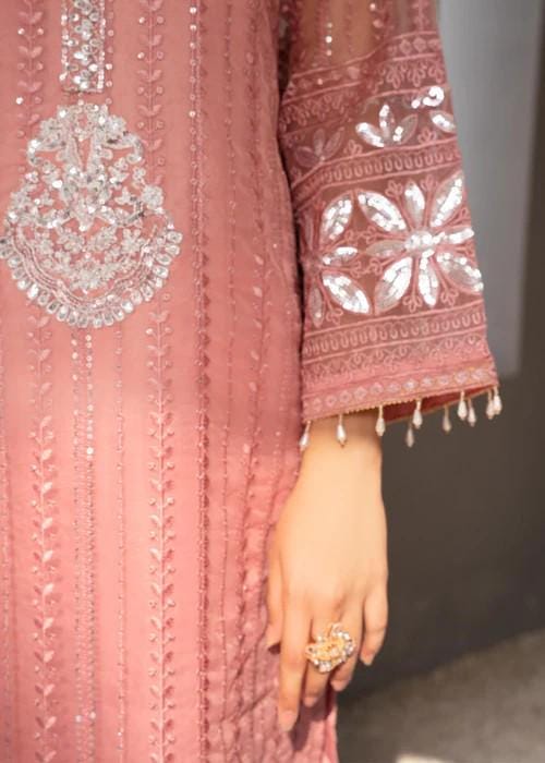3 piece - Embroidered Organza Suit with Chiffon Dupatta - Sequins Embroidery