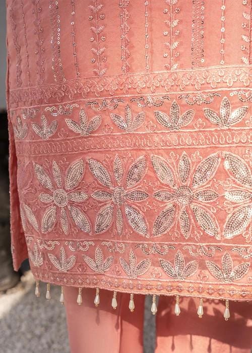 3 piece - Embroidered Organza Suit with Chiffon Dupatta - Sequins Embroidery